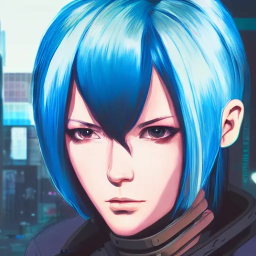 Image similar to hyper realistic photograph portrait of cyberpunk hot pretty girl with blue hair, wearing a full leather outfit, cyber implants, in city street at night, by makoto shinkai, ilya kuvshinov, lois van baarle, rossdraws, basquiat