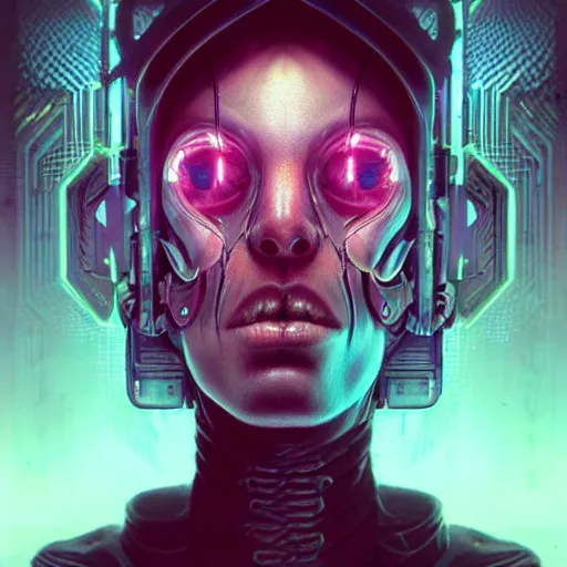 Prompt: a hyperrealistic 3 d render of a cyberpunk - necromancer by artgerm, beksinski and geiger. intricate details. believable eyes. head and shoulders. front on, symmetrical. epic fantasy art.