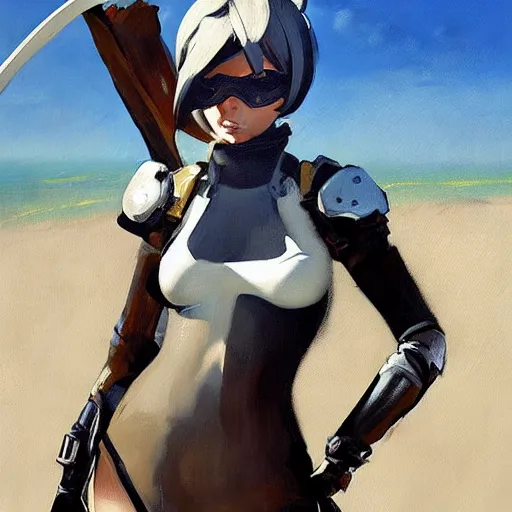 Prompt: greg manchess portrait painting of tracer from overwatch as 2 b nier automata on the beach holding a sword, organic painting, sunny day, matte painting, bold shapes, hard edges, street art, trending on artstation, by huang guangjian and gil elvgren and sachin teng