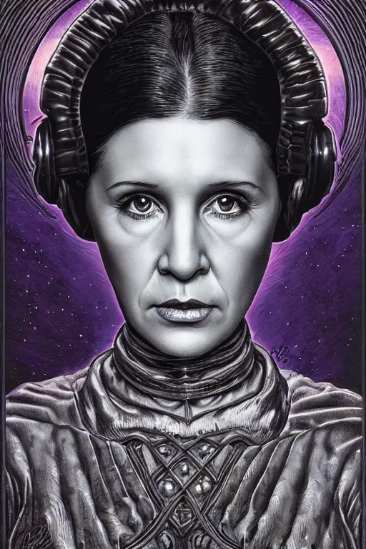 Prompt: highly detailed portrait of princess leia organa by alex grey, patrick woodroffe, mark ryden created by gustave dore and greg rutkowski, high detailed, smooth draw, synthwave neon retro, intricate, realistic proportions, dramatic lighting, trending on artstation