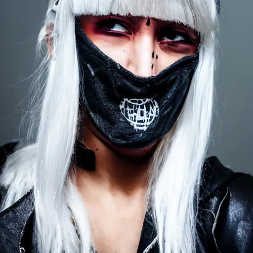 Prompt: very cool girl, white hair girl with mask, streetwear, techwear, cyberpunk style outfit, full body nose piercing, detailed portrait, intricate composition