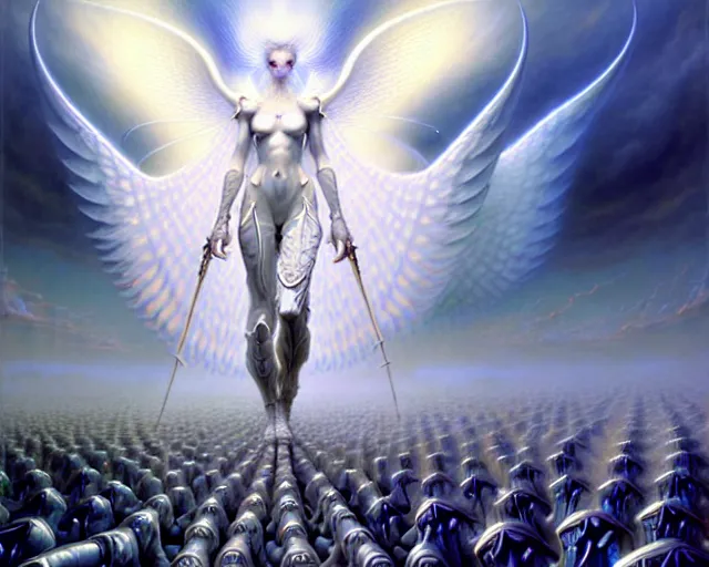 Image similar to the army of white light and angels, fantasy character portrait made of fractals facing each other, ultra realistic, wide angle, intricate details, the fifth element artifacts, highly detailed by peter mohrbacher, hajime sorayama, wayne barlowe, boris vallejo, aaron horkey, gaston bussiere, craig mullins