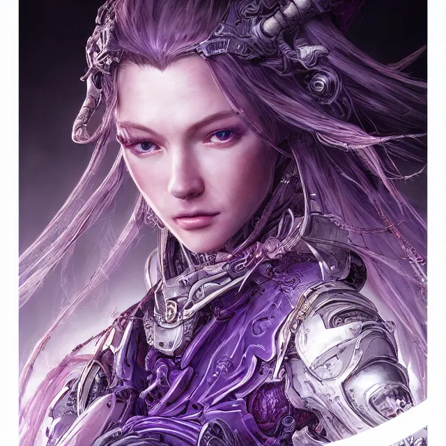 Image similar to close facial portrait of a pale woman in sci - fi armor with a flowing purple, elegant, stoic, intense, ultrafine hyperdetailed illustration by kim jung gi, irakli nadar, intricate linework, sharp focus, bright colors, octopath traveler, final fantasy, hearthstone, highly rendered, global illumination, radiant light, detailed, intricate environment