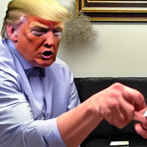 Image similar to giga chad showing donald trump how to use a calculator