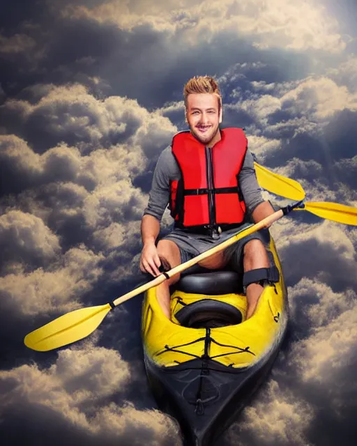 Prompt: realistic portrait of a blonde guy in a kayak over the clouds in the sky