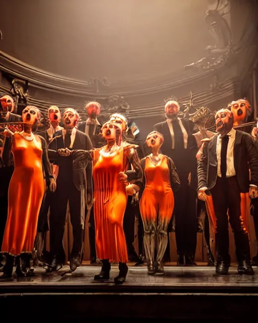 Prompt: hyperrealistic neobaroque mechanical people singing on an art deco stage santiago caruso uhd dramatic orange light 8k low angle shallow depth of field