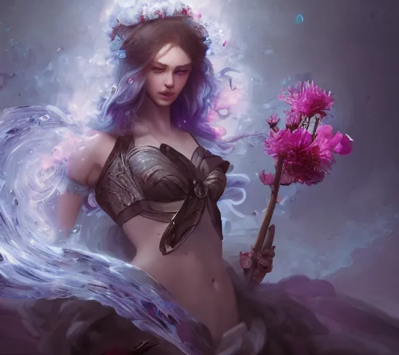 Image similar to beautiful girl necromancer covered with crystals exploding ice, 3 d render, hyper realistic detailed portrait, holding magic flowers, ruan jia, wlop. scifi, fantasy, hyper detailed, octane render, concept art, peter mohrbacher