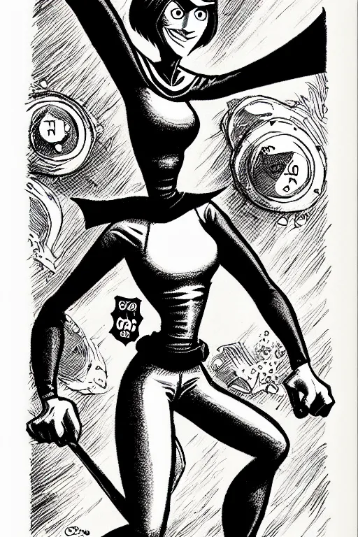 Image similar to helen parr elastigirl as a d & d monster, full body, pen - and - ink illustration, etching, by russ nicholson, david a trampier, larry elmore, 1 9 8 1, hq scan, intricate details, stylized border