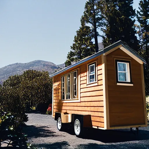 Image similar to Hearst Castle as a tiny home, able to be transported on a trailer. Photographed with Leica Summilux-M 24 mm lens, ISO 100, f/8, Portra 400