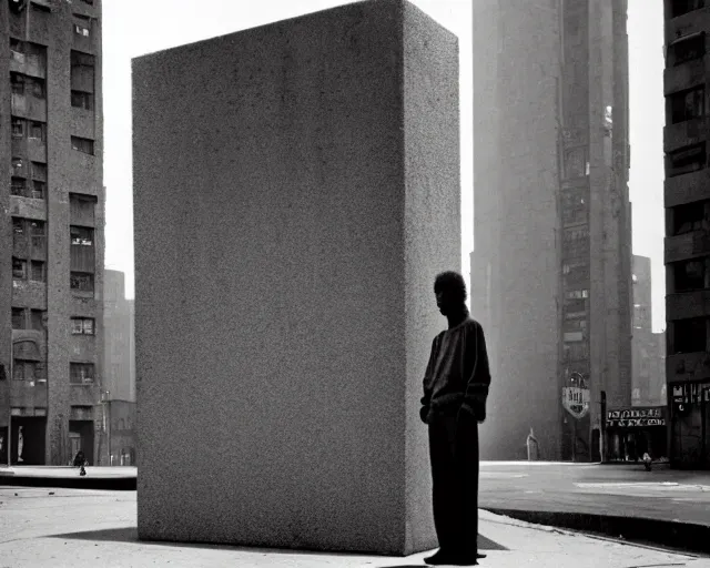 Prompt: by bruce davidson, andrew boog, mystical photography evocative. an fractal concrete brutalist carved sculpture, standing in a city center.