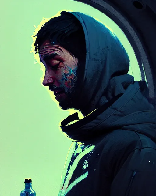 Image similar to music festival, hyper - realistic portrait of a man in a hoodie with detailed background, intricate, 4 k, by atey ghailan, by greg rutkowski, by greg tocchini, by james gilleard, by joe fenton, by kaethe butcher, dynamic lighting, lighting color scheme, sharp focus, grunge aesthetic