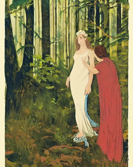 Prompt: a young woman wearing a white dress encounters the great god pan in a forest clearing, 1 9 7 0 s, seventies, wallpaper, delicate embellishments, painterly, offset printing technique, by brom, robert henri, walter popp