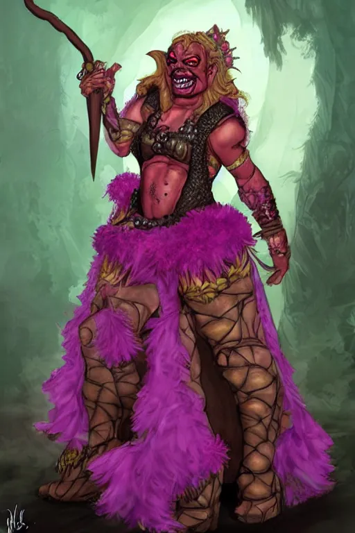Image similar to fantasy artwork of an orc that is a drag queen, drag queen orc in frilly ballgown