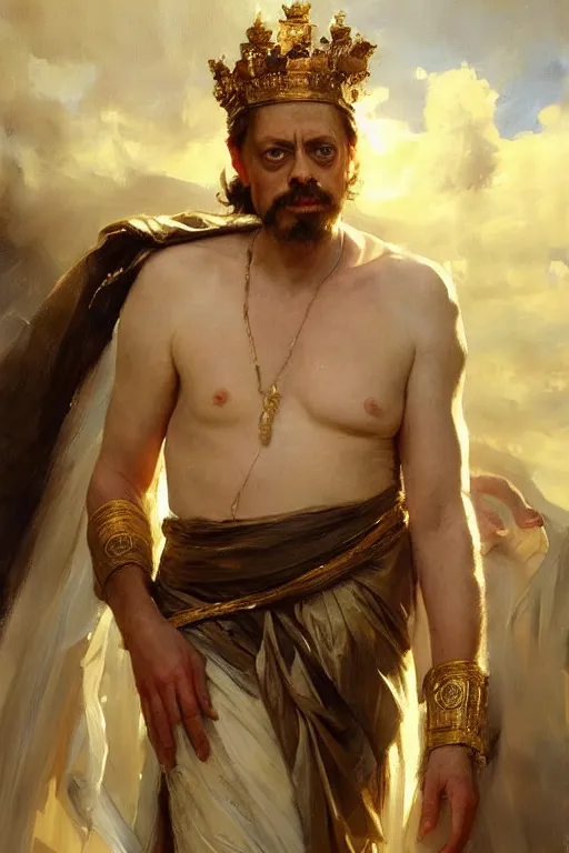 Image similar to beautiful expressive oil painting portrait of ancient roman god emperor steve buscemi ascending wearing the civic crown, art by anders zorn, wonderful masterpiece by greg rutkowski, beautiful cinematic light, american romanticism by greg manchess, jessica rossier