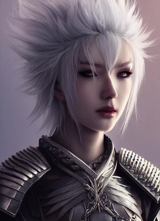 Image similar to warrior, fur leather armor!!! beautiful and elegant white hair female!! gorgeous ayes!! character concept art, sharp focus, octane render! unreal engine 5! highly rendered!! trending on artstation!! detailed linework!! illustration by artgerm, wlop, and chie yoshii