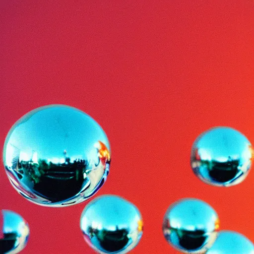 Prompt: chrome spheres on a red cube, cinestill 50d photograph