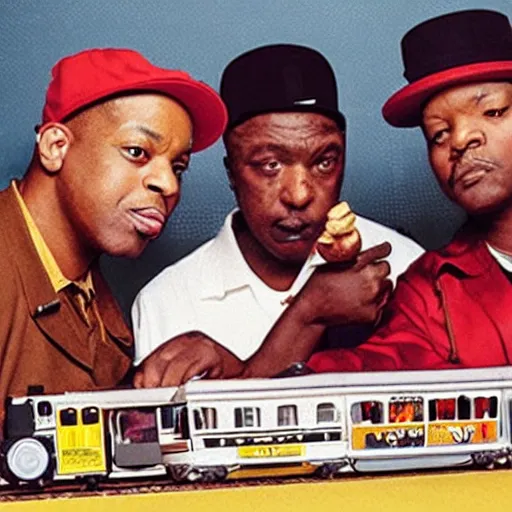 Prompt: album cover for public enemy playing with a toy train set eating hamburgers