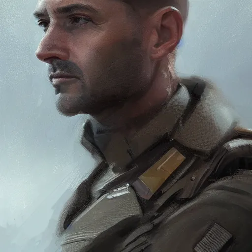 Image similar to Portrait of a man by Greg Rutkowski, he is about 40 years old, british-hispanic mixture, attractive, military composure, short brown hair, chilean, father image vibes, he is wearing futuristic military fatigues, highly detailed portrait, digital painting, artstation, concept art, smooth, sharp foccus ilustration, Artstation HQ.