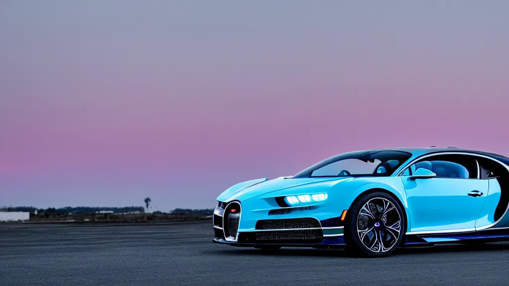 Prompt: synthwave bugatti chiron at sunset, 8 k. filling of the view
