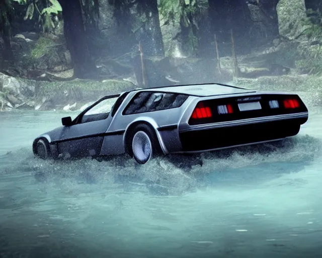 Image similar to delorean submerged under water, cinematic, photoreal, by red dead redemption 2