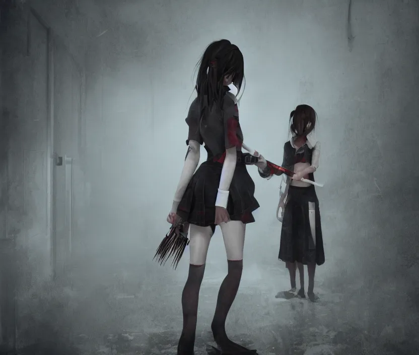 Image similar to School girl holding a katana and standing on an abandoned hospital room, gloomy and foggy atmosphere, octane render, artstation trending, horror scene, highly detailded