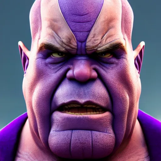 Image similar to a portrait of abdelfattah elsisi as thanos, the pixar adaptation, with same hairstyle, angry facial expressions, hyper detailed, digital art, trending in artstation, cinematic lighting, studio quality, smooth render, unreal engine 5 rendered, octane rendered