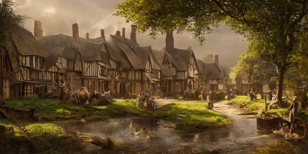 Image similar to beautiful matte painting of old england village by weta workshop 8 k, cinematic dramatic atmosphere, dramatic lighting