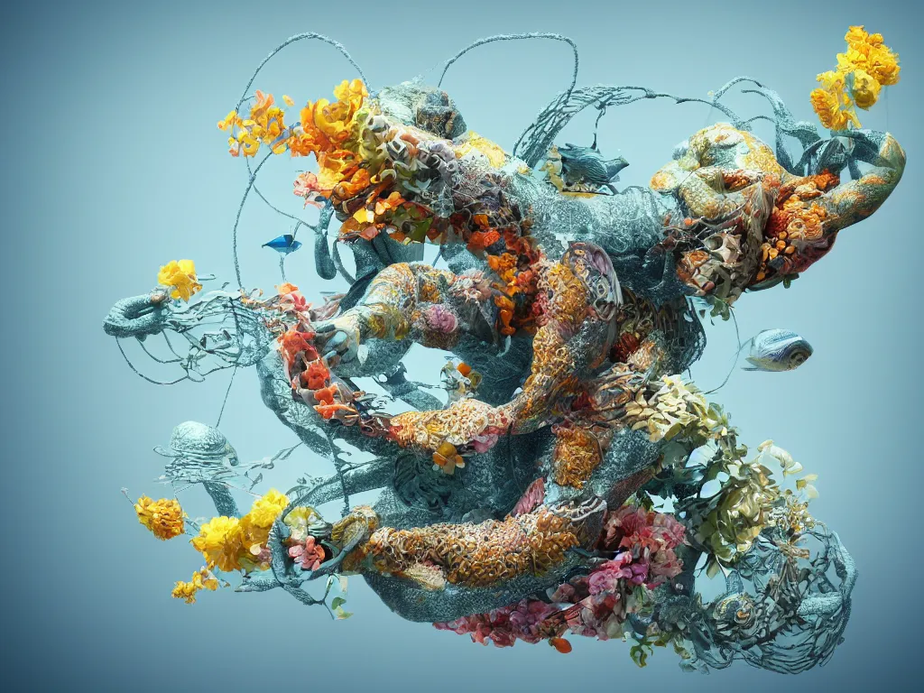 Image similar to a sculpture of fish ocean intertwined, a lovely cornucopia of flowers and human body parts, body parts, highly detailed, octane render, cinematic, shock, sharp focus, ball, an independent psycho,