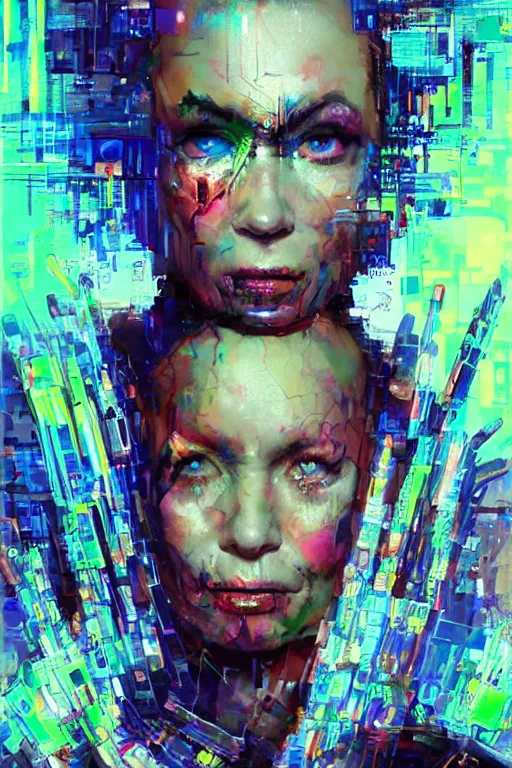 Prompt: portrait, headshot, digital painting, an delightfully mad techno - shaman lady, wink, synthwave, tensor field, glitch, refraction, fracture, realistic, hyperdetailed, chiaroscuro, concept art, art by john berkey