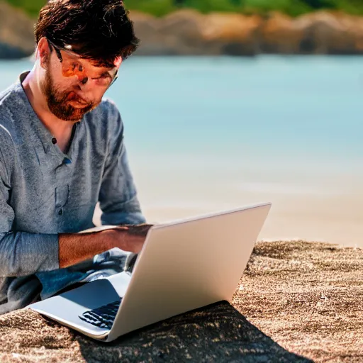 Prompt: photo of man working on laptop at beach, perfect face, fine details, 4 k, bokeh