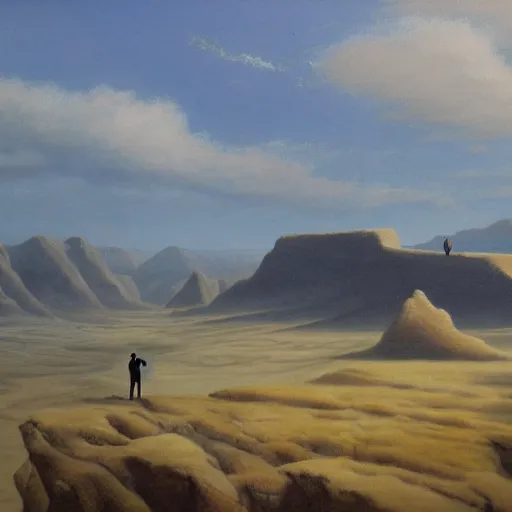 Prompt: amazing vast scenery, human figure in the distance for scale, surrealist landscape painting