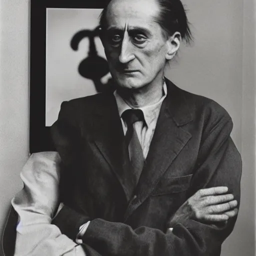 Image similar to Kodachrome portrait of Marcel Duchamp with an technologival machine, archival pigment print in the style of Hito Steyerl, studio shooting, contemporary art