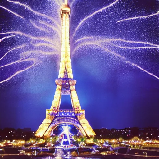 Prompt: a photograph of a lightning striking the eiffel tower, blue sparkles all around, taken on medium format film, hyperrealistic, very detailed