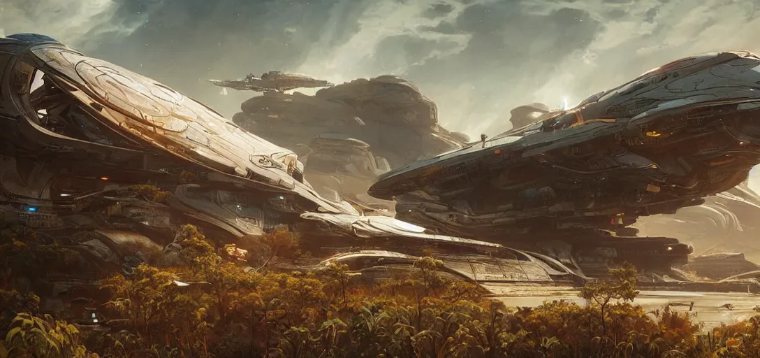 Prompt: landscape painting of a futuristic rugged spaceship landing on an alien world, colonisation, ultra realistic, concept art, intricate details, eerie, highly detailed, photorealistic, octane render, 8 k, unreal engine. art by artgerm and greg rutkowski and alphonse mucha