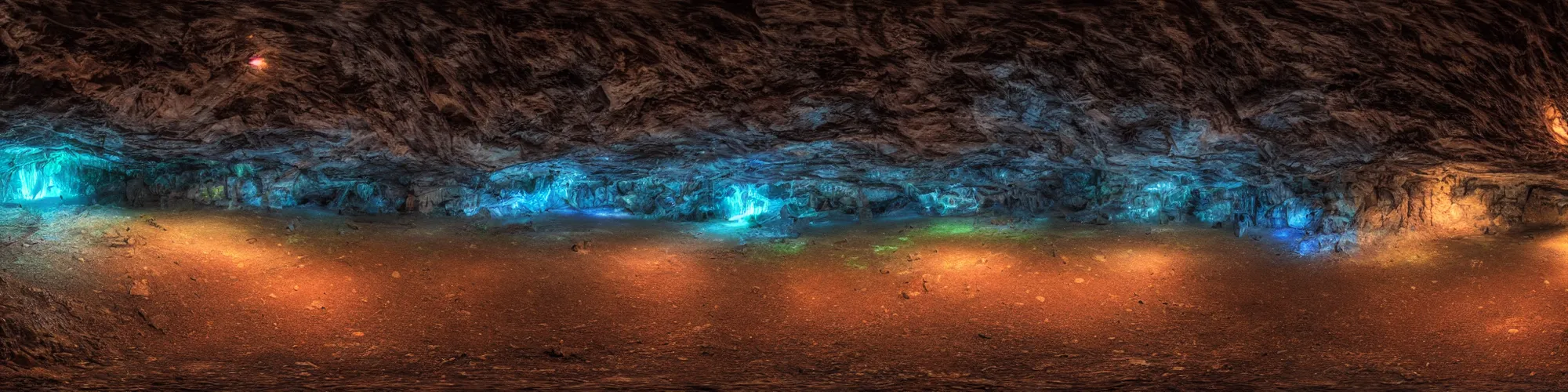 Prompt: panorama view of underground cave with some moody color lights, 360*