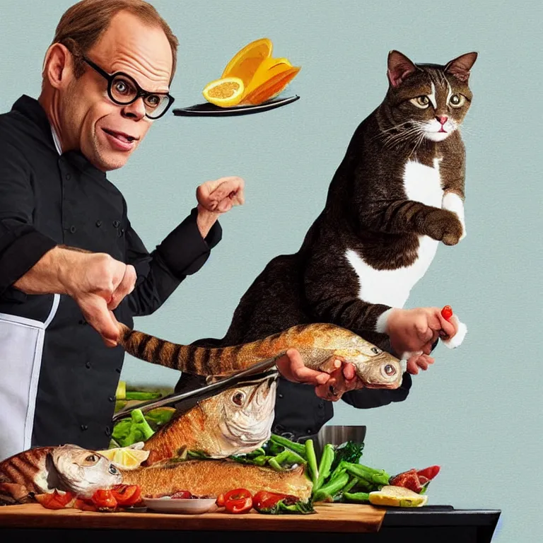 Image similar to “celebrity chef Alton Brown as a cat cooking a whole fish, digital art, 8k, trending on artstation”