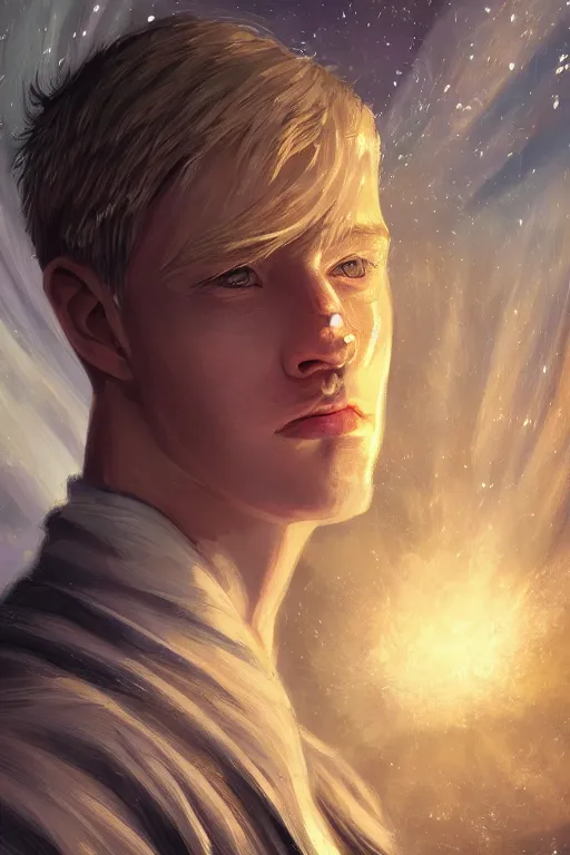 Prompt: young man with short blond hair, looking downwards, magical swirls, magical light, magical atmosphere, depression, painterly, highly detailed, 8 k, digital art trending on artstation, hyper detailed, graphic novel