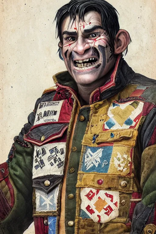 Image similar to nineteenth century style portrait of a middle aged half orc with a bemused smile on his face. dressed in a patchwork military uniform jacket with cut sleeves, runic arm tattoos, sharp focus, illustration, digital painting, art by magali villeneuve