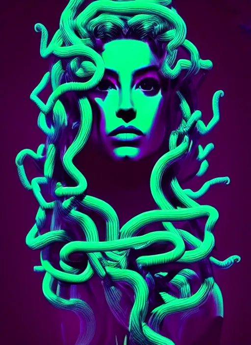 Image similar to medusa, beeple, vaporwave, retrowave, black background, neon wiring, black, glitch, strong contrast, cuts, pinterest, trending on artstation