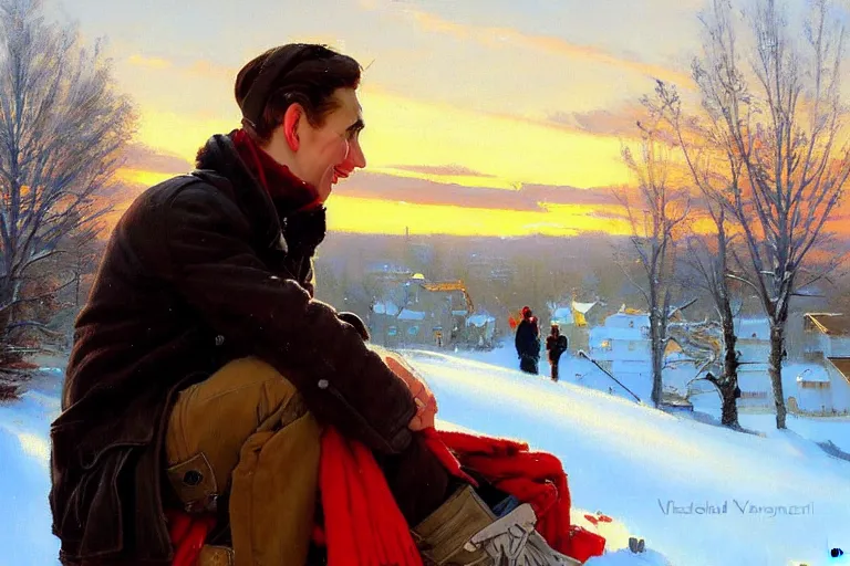 Image similar to attractive man chatting, winter, sunset, painting by vladimir volegov, norman rockwell, tom of finland, trending on artstation