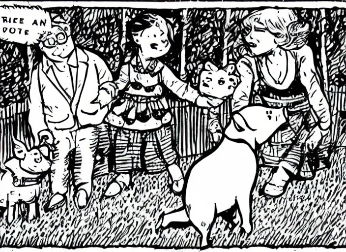 Image similar to antifa girl and a piglet and a duchess and a baby dalmatian hanging out in a garden. vintage comic style drawing