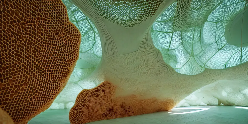 Image similar to biomorphic honeycomb building by ernesto neto, light - mint with light - pink color, 4 k, insanely quality, highly detailed, film still from the movie directed by denis villeneuve with art direction by zdzisław beksinski, telephoto lens, shallow depth of field