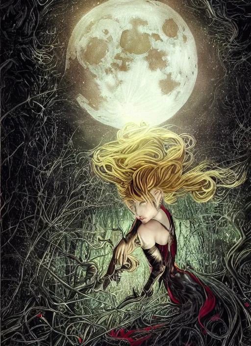 Image similar to glowing silver and golden elements, portrait, A beautiful dark witch in front of the full big moon, book cover, green forest, red white black colors, establishing shot, extremly high detail, foto realistic, cinematic lighting, pen and ink, intricate line drawings, by Yoshitaka Amano, Ruan Jia, Kentaro Miura, Artgerm, post processed, concept art, artstation, matte painting, style by eddie, raphael lacoste, alex ross