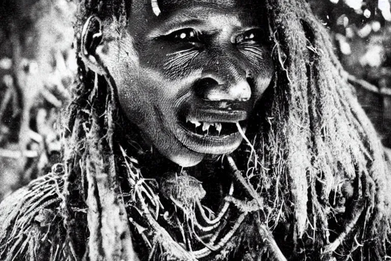 Prompt: a 1905 colonial closeup photograph of an African scary tribal voodoo ghost in a village at the river bank of Congo , Thick jungle,scary, evil looking, wide angle shot