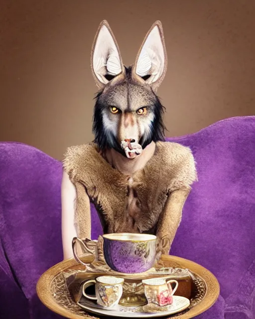 Prompt: Tall emaciated man wolf hybrid with long coyote like ears, wearing a purple velvet enjoying a cup of tea, British Tea Parties, highly realistic, Rick Baker style, photoreal, photograph in the style of Annie Leibovitz