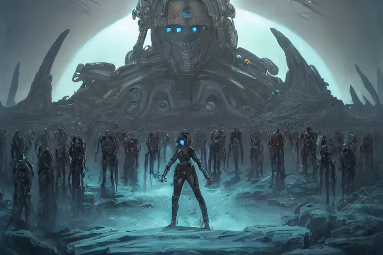 Prompt: ancient alien portral, a crowd of androids, in mad max style, stargate, coriolios rpg art style, full of details, dark sci - fi, cold blue colors, matte painting, artstation, 8 k, hyperrealistic, style of peter mohrbacher