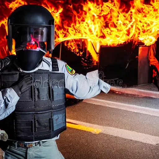 Image similar to portrait of a anti-riot policeman head on fire , front, centered, riot background, at night, mid shot , editorial photography