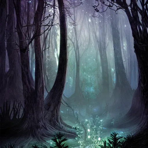 Prompt: a beautiful painting of a magic dark ancient forest, bioluminiscent vegetation, vines, a thousand lights, volumetric light, artistic, matte painting, digital art, dramatic, by marco mazzoni and arthur rackham, artstation