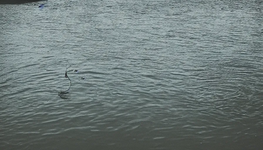 Image similar to photo of a rope on the surface of water, in the middle of a lake, overcast day, rocky foreground, 2 4 mm leica anamorphic lens, moody scene, stunning composition, hyper detailed, color kodak film stock