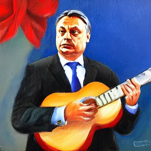 Prompt: viktor orban playing the guitar, oil painting